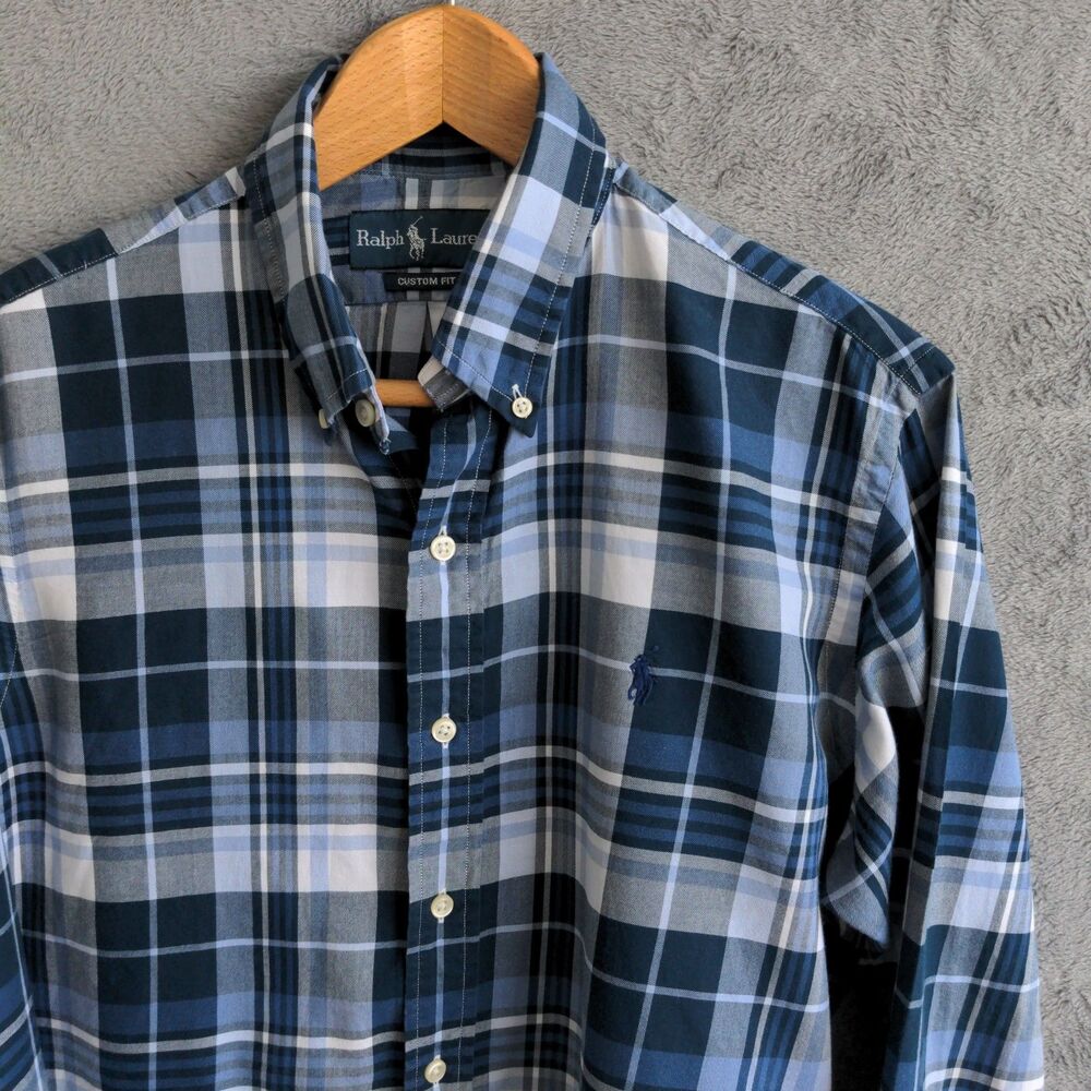 Ralph Lauren Button Down Shirt Men's M Blue Plaid Custom Fit Long Sleeve Pony